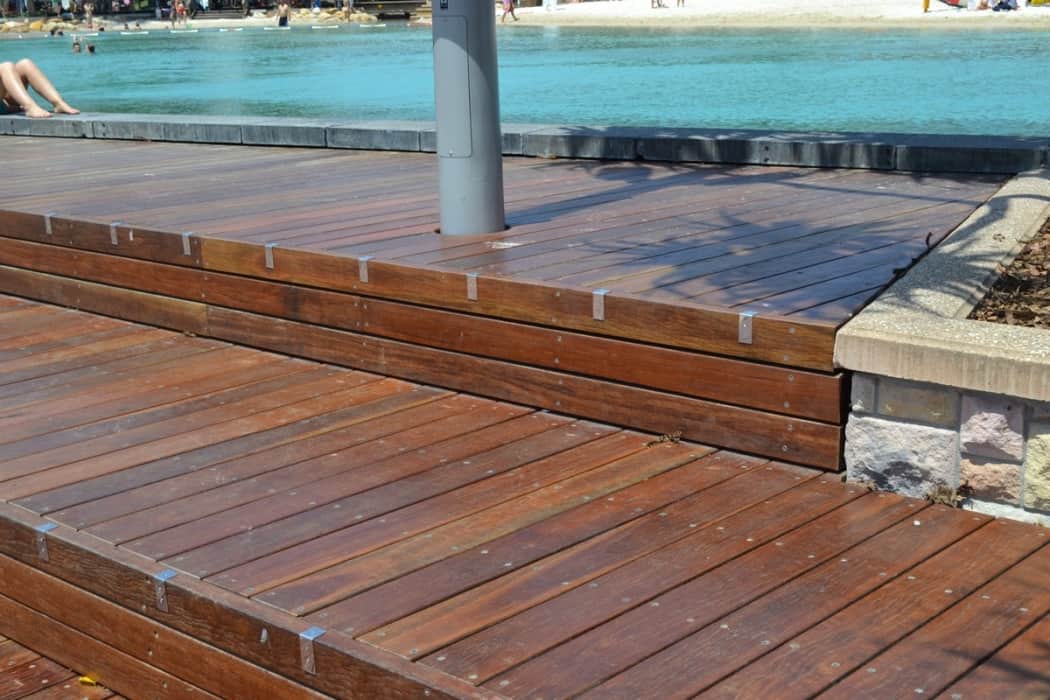 Decking with step by a pool