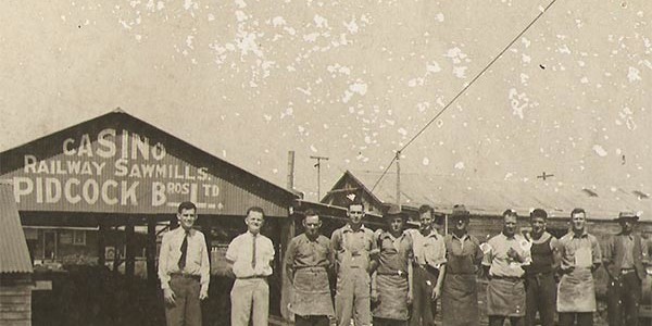 Old photo of a railway sawmill and workers timber and hardware, building materials and construction materials