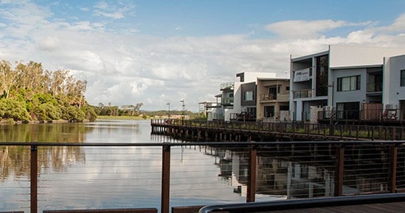 Buildings near a boardwalk