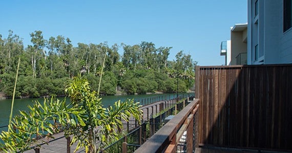Timber boardwalk along a river