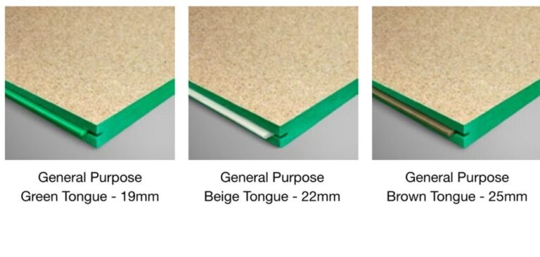 Laminex EnduraFloor General Purpose particleboard flooring - green tongue 19mm, beige tongue 22mm and brown tongue 25mm