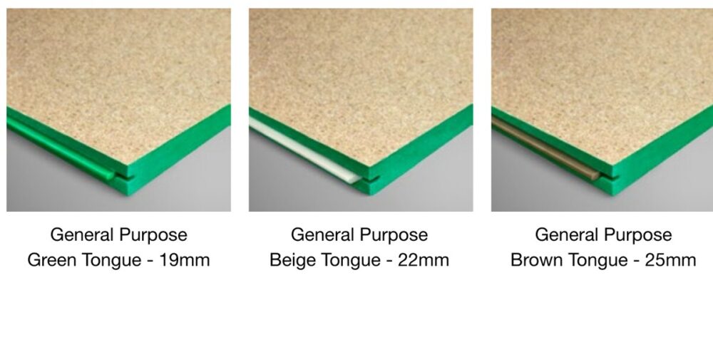 Laminex EnduraFloor General Purpose particleboard flooring - green tongue 19mm, beige tongue 22mm and brown tongue 25mm