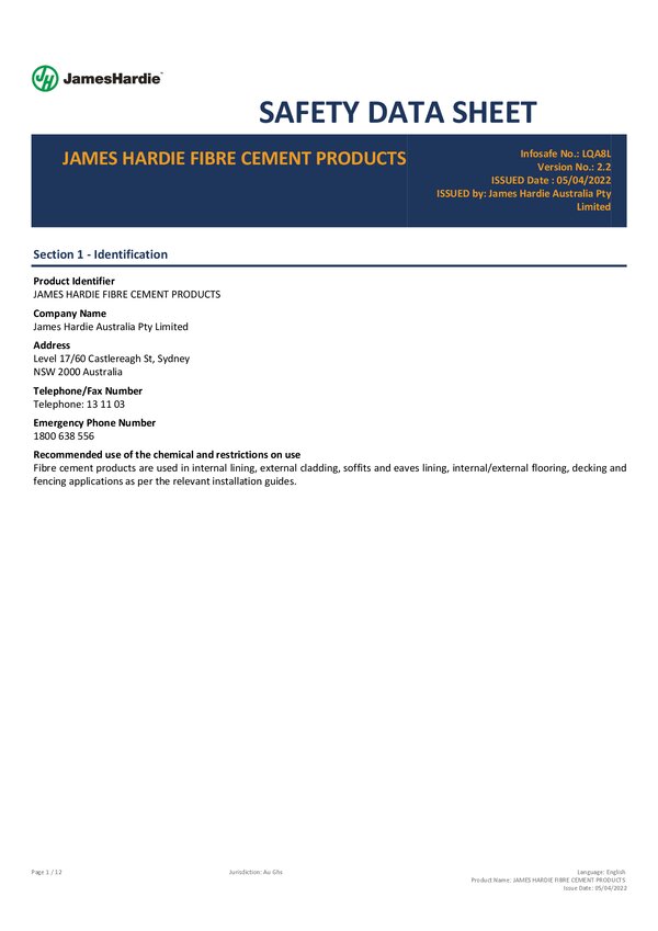 Preview of Hardie Fibre Cement Products - Safety Data Sheet