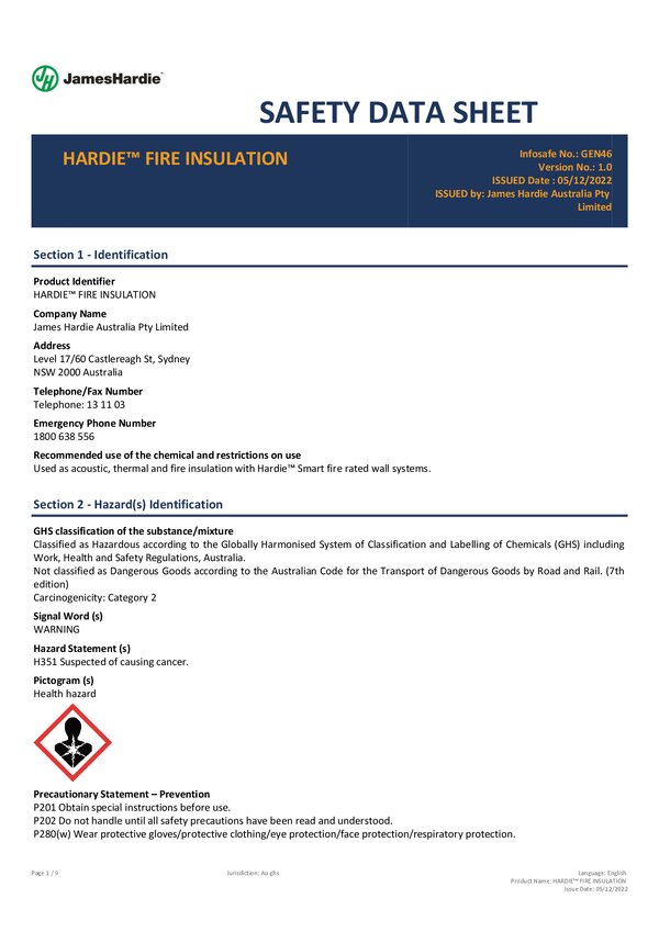 Preview of Hardie Fire Insulation - Safety Data Sheet