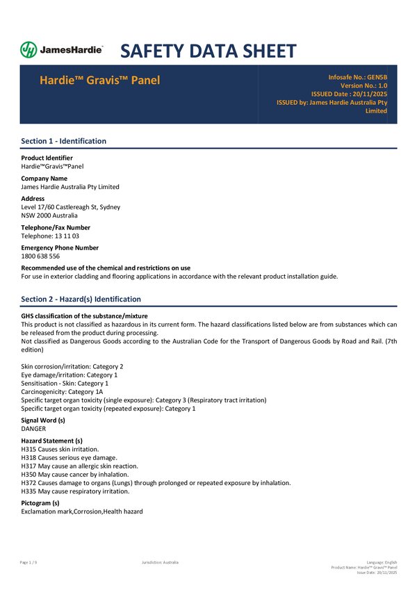 Preview of Hardie Gravis Panel - Safety Data Sheet
